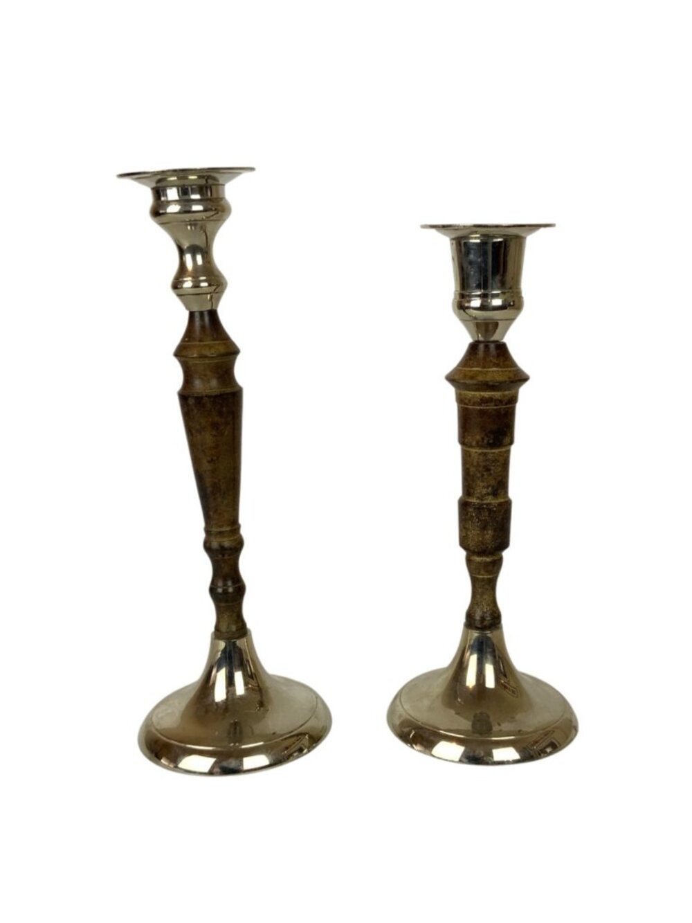 Vintage Chrome Cast Metal Taper Candleticks Holders Pair Silver Brown Home Decor